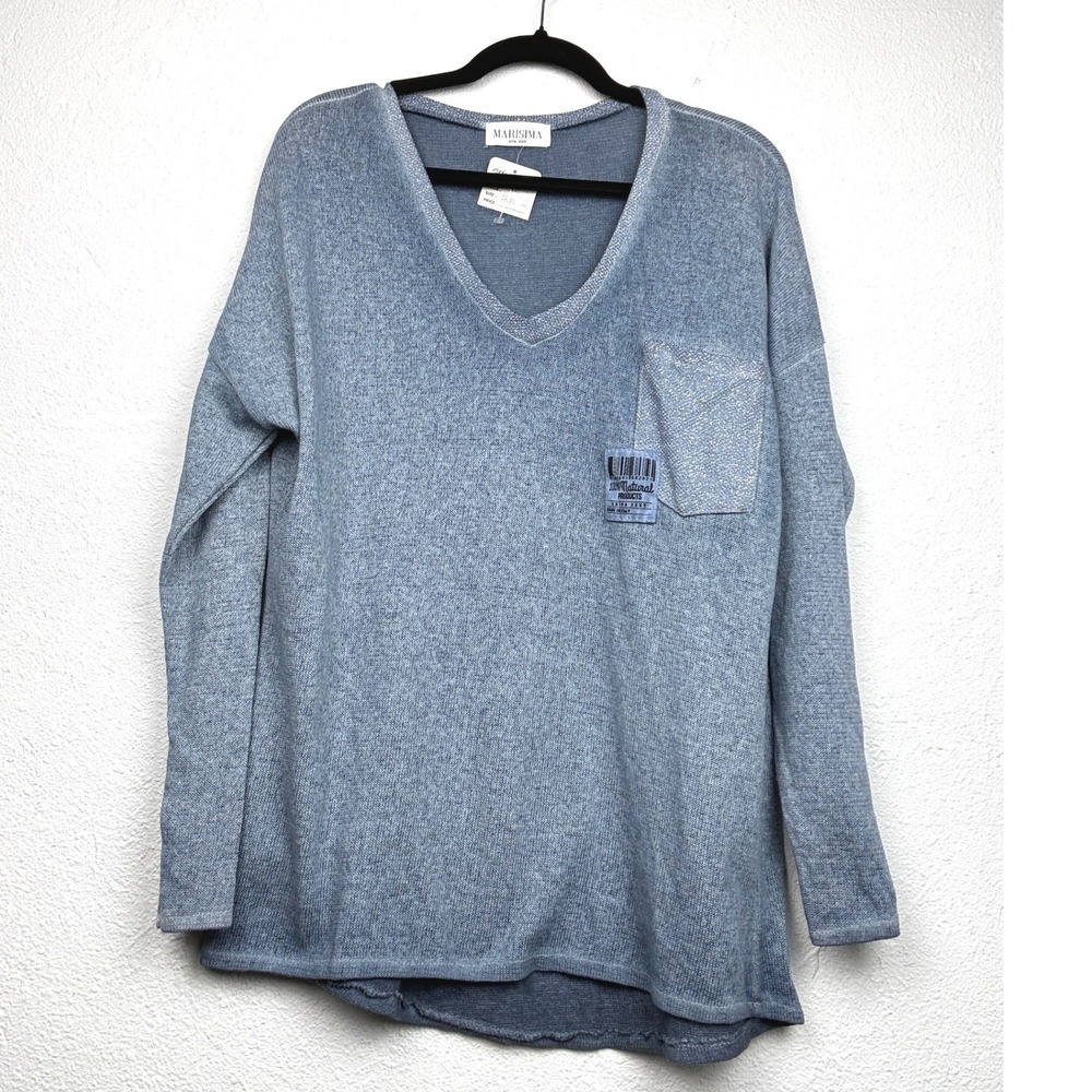 Marisima Blue Cotton V-Neck Sweater - OS - Made in Italy Metallic Trim Lagenlook